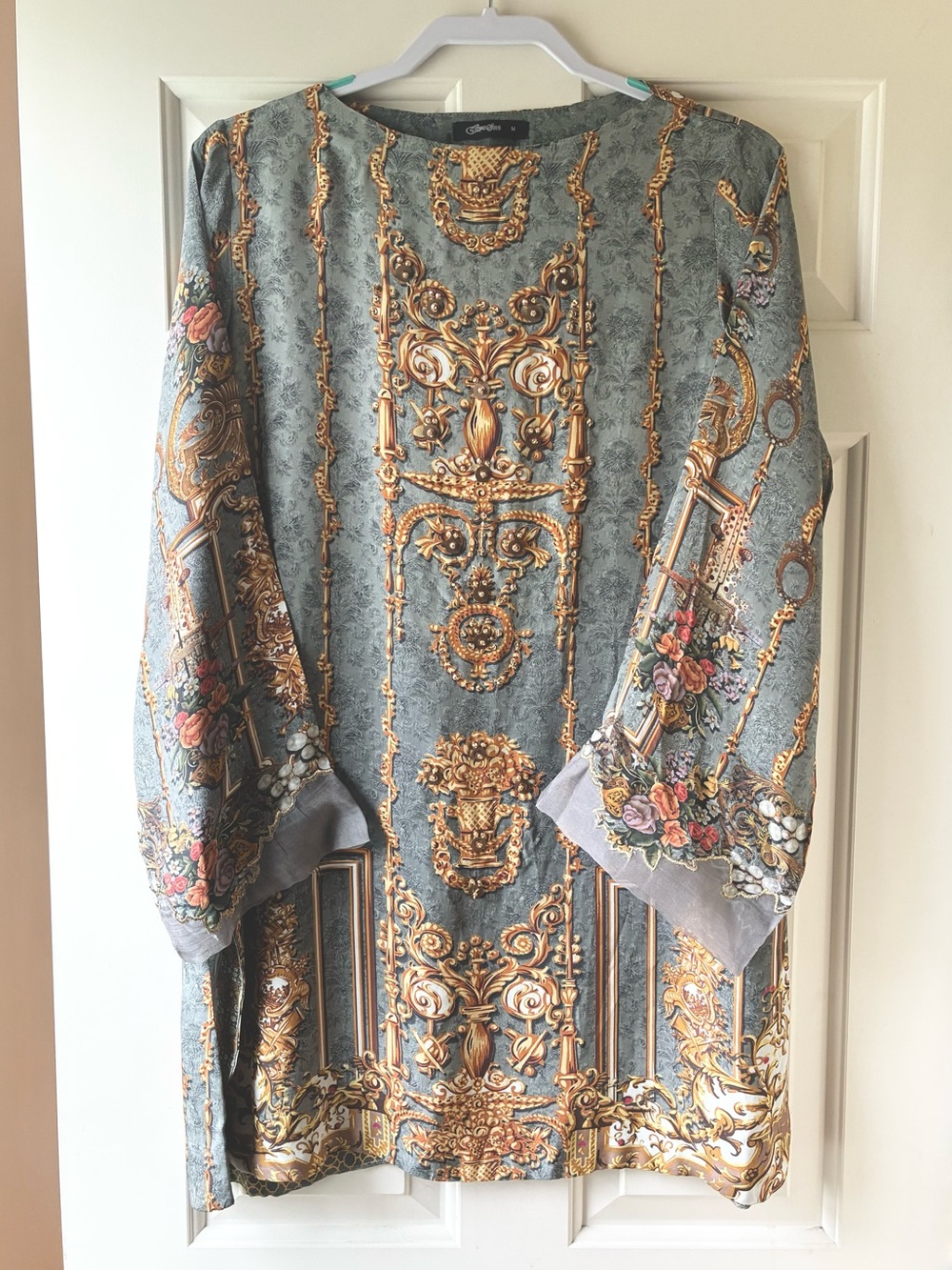 Cross Stitch Baroque Print Silk Tunic Gray with Gold Accents Long Sleeve Size M